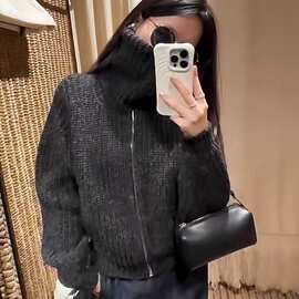 2026秋冬新款慵懒风高领拉链纯羊毛开衫女宽松加厚毛衣外套纯色