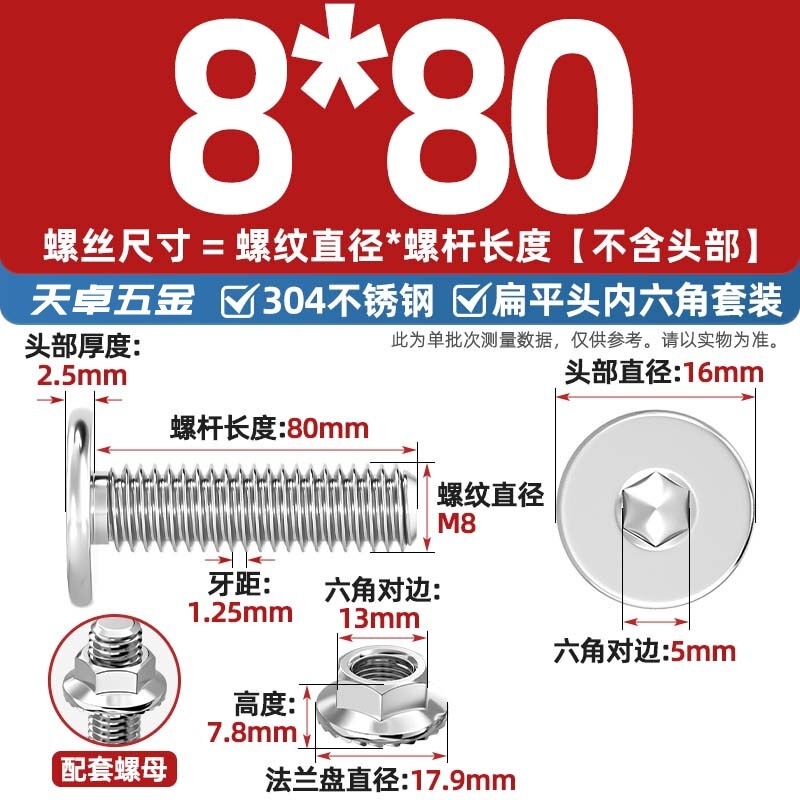 304不锈钢CM大平头超薄头C头扁平头内六角螺丝钉法兰边螺母套装M5|undefined
