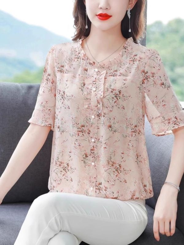 夏の新しい五分袖シフォンシャツ、レディースシャツ、おしゃれな花柄お腹カバートップ、薄底シャツ、婦人服|undefined