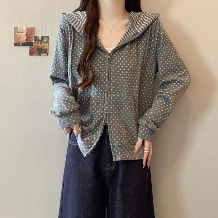 藏蓝色波点连帽正肩卫衣薄款外套女装春秋早秋新款双拉链上衣跨境|undefined