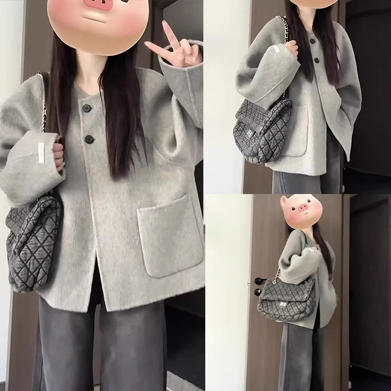 欧美2025新款爆款赫本风灰色毛呢外套女秋冬季小个子加厚短款大衣