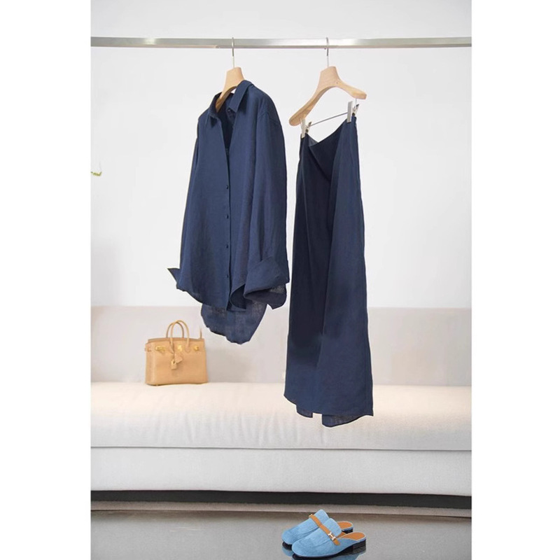Spot 25 Early Spring_Full Charm_Japanese Jin-Mouth Navy Blue Linen Suit Shirt + Skirt Dropshipping