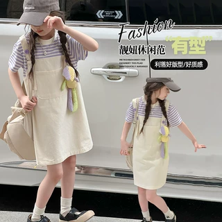 女童连衣裙夏季小女孩拼接条纹背带裙2025新款夏装洋气大童T 恤裙