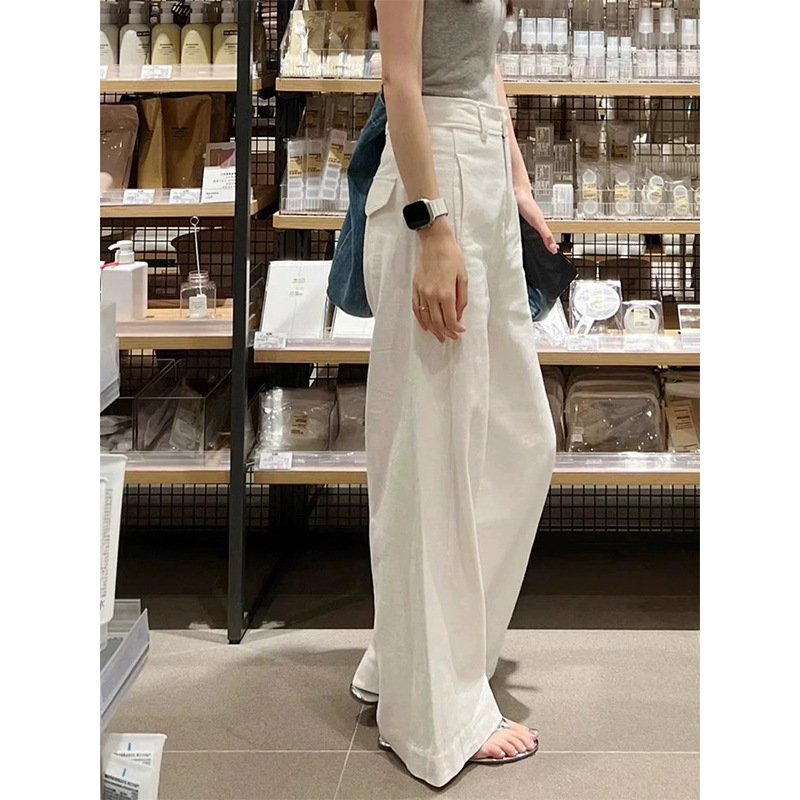 2025 Early Spring New Style Small White Cotton and Linen Wide-Leg Pants High-Waist Draped Slim Straight Casual Pants for Women