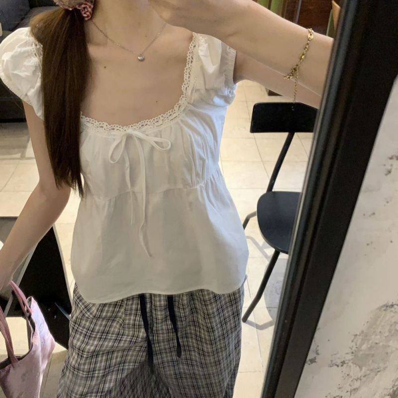 White Sweet Puff Sleeve Lace-Up Shirt Summer Design French Doll Loose Slimming Age-Reducing Korean Top