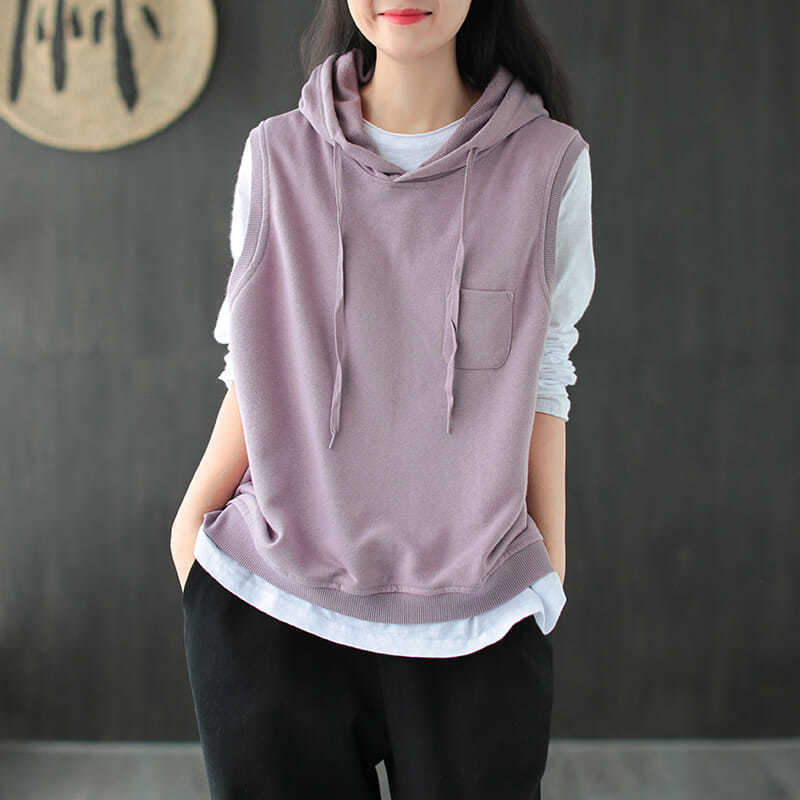 Cotton Hooded Vest 2025 Spring & Fall New Loose Pullover Casual Sports Sleeveless with T-Shirt Women's Tops