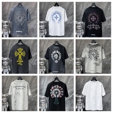 25SS新潮牌款克罗伈梵文十字架金属扣洗水纯棉短袖t恤男女款