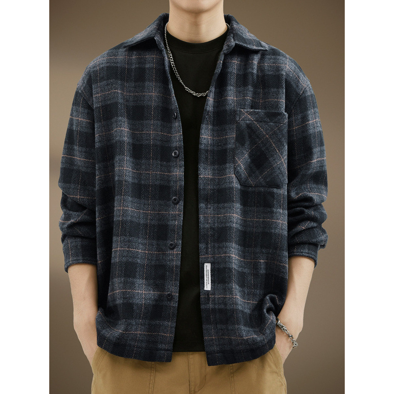 High-End Japanese Retro Brushed Plaid Long-Sleeved Shirt for Men in Autum Casual Loose Heavy Work Shirt Jacket for Men
