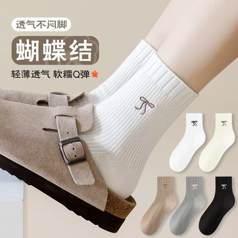 Women's Solid Color Bowknot Mid-Calf Socks, Versatile College Style, Trendy Ins Fashion, Paired with Small Leather Shoes, Thin Style for Spring and Summer