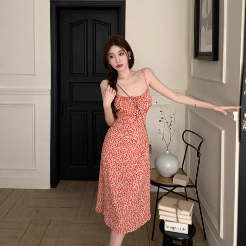 French floral bow strap sundress for women, new summer arrival, high-waisted, figure-flattering, medium-length dress, red vacation style dress