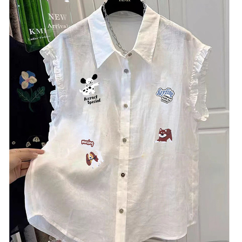 2025 New White Chiffon Ruffled Small Flutter Sleeve Blouse for Women with Cartoon Print for Summer