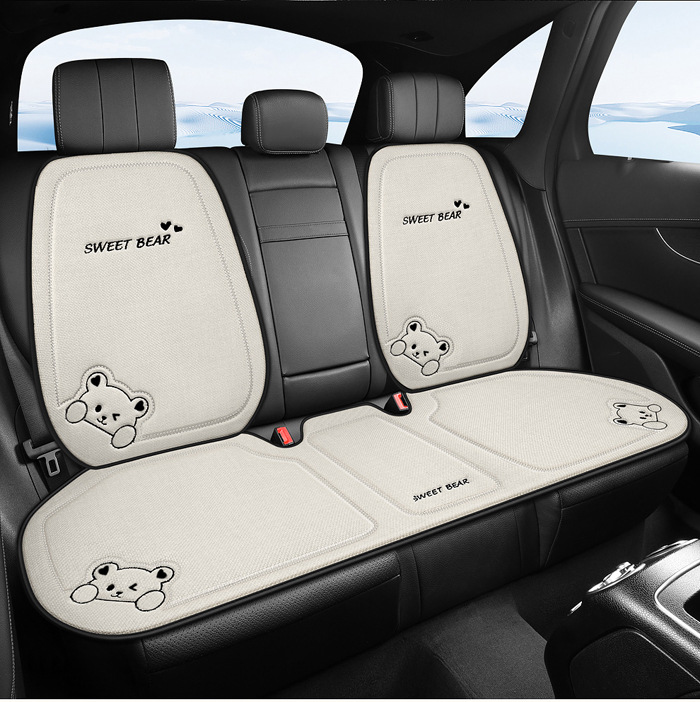Car Seat Cushion for All Seasons, Linen Cartoon Rear Seat Cushion, Single-Piece Seat Cover for Women