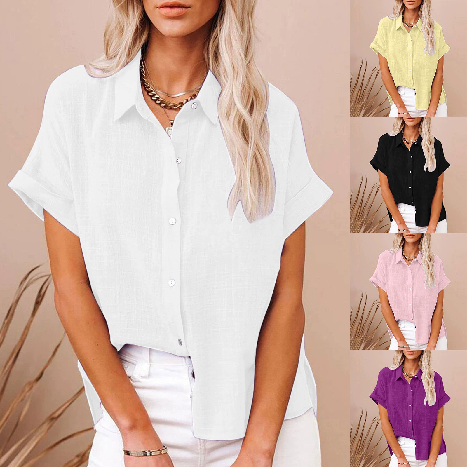 2024 Европейские и американские трансграничные Amazon ebay Летние разрывы лацканные хлопчатобумажные рубашки с короткими рукавами на пуговицах Женская рубашка