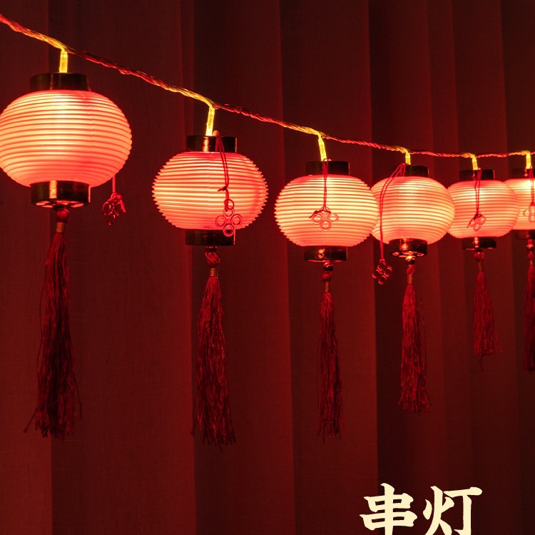 Día de Año Nuevo luminosa pequeña linterna cadena adornos pequeña cadena roja linterna decoración al aire libre balcón festivo nudo boda colgante