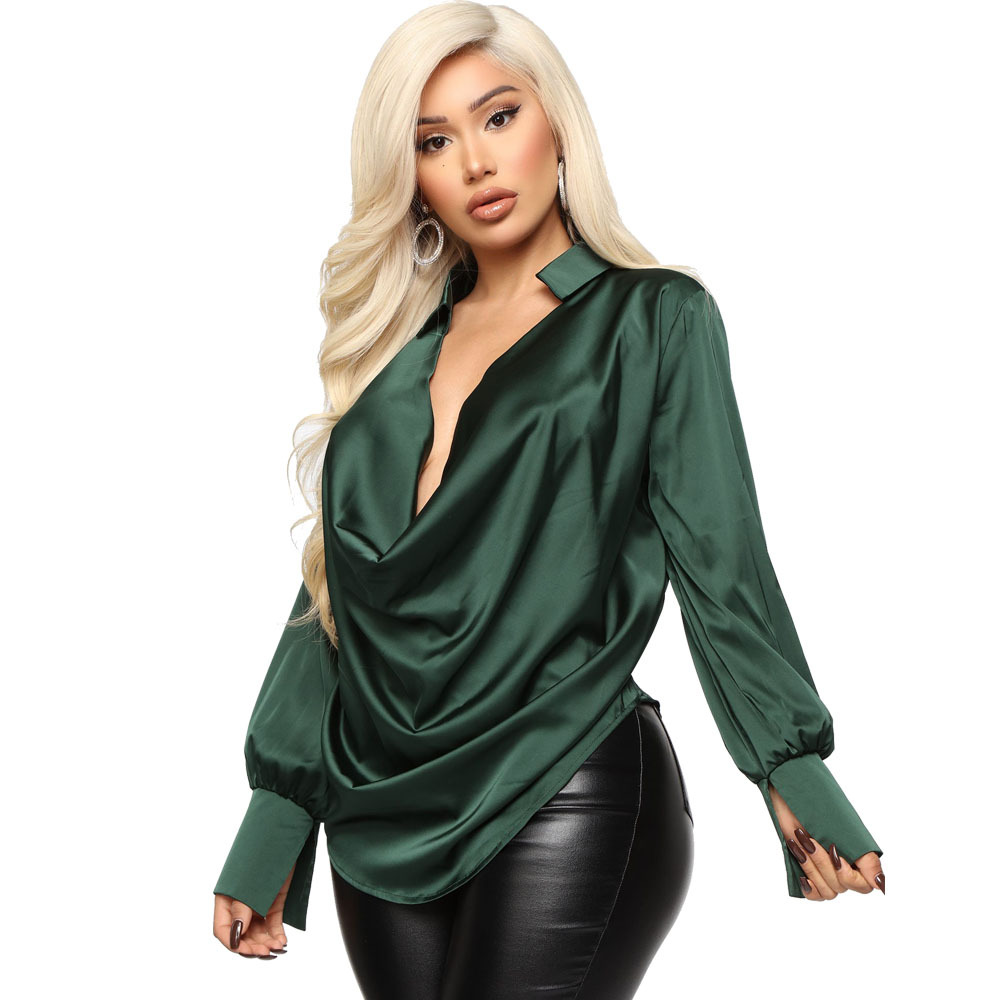 Solid Color Plunge Neckline Long-Sleeved Satin Design Blouse NSYMA81684