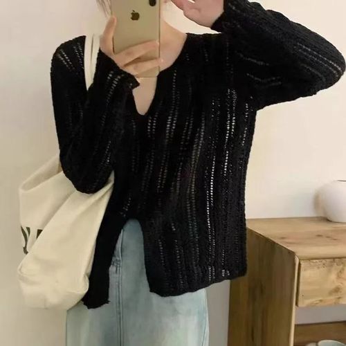 Women's Spring Fashion Design-Sensitive Unconventional Open-Needle Knit Sweater, Versatile V-Neck Lattice Thin Sunshade Cover-Up Top, Unique Style