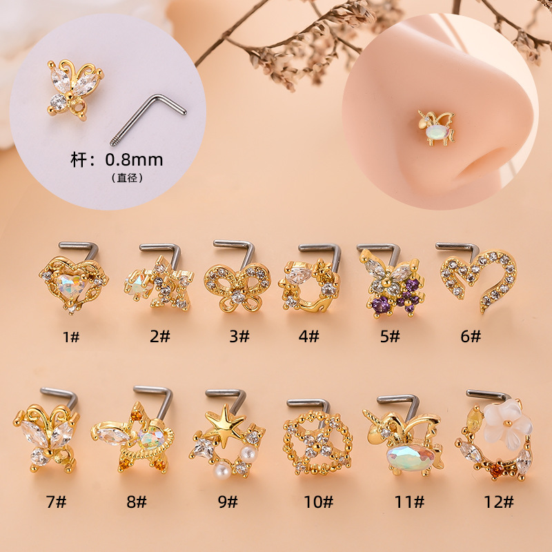 Fashion Heart Shape Butterfly Stainless Steel Copper Plating Inlay Zircon Nose Studs 1 Piece display picture 1