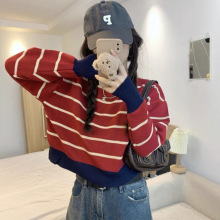 时尚设计感气质百搭2025年秋冬新款圆领撞色长袖毛衣针织衫上衣女