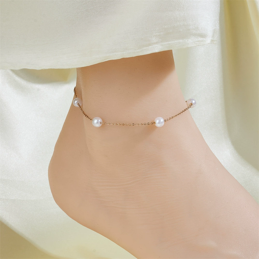 Ankle bracelet, chain, golden fashionable sexy accessory stainless steel, simple and elegant design, light luxury style, internet celebrity, 750 sample gold