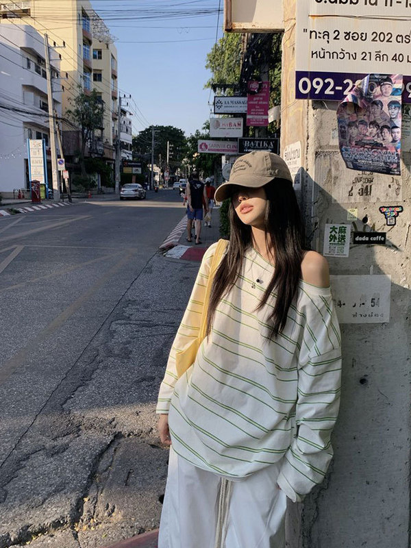 气质休闲慵懒设计感条纹斜肩T恤女2025新款宽松显瘦百搭长袖上衣|undefined
