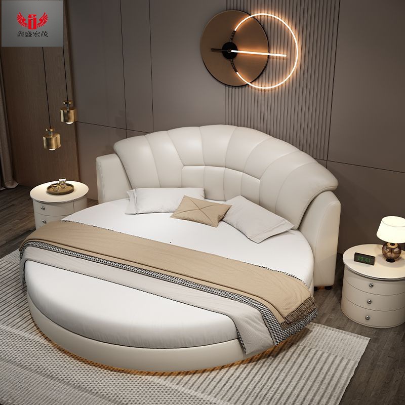 Cama redonda cama de cuero cama doble cama redonda cama de boda moderna y minimalista tema hotel residencial lámpara de inducción