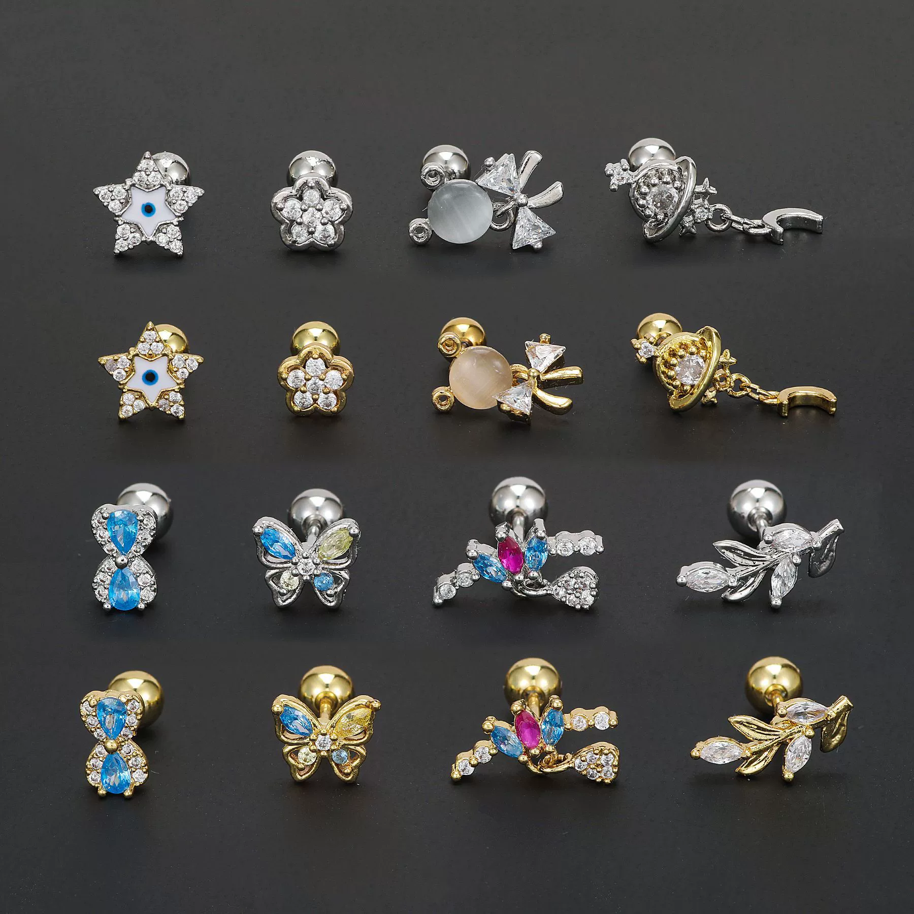 Zirconium, creative cute earrings, piercing with bow stainless steel, (Cross-border trading), micro incrustation