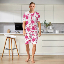 短袖T恤衫松紧腰短裤男士家居服套装 跨境美国夏威夷数码印花睡衣