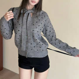 2025秋冬灰色波点miu系千金风上衣蝴蝶结针织开衫毛衣女小香风韩