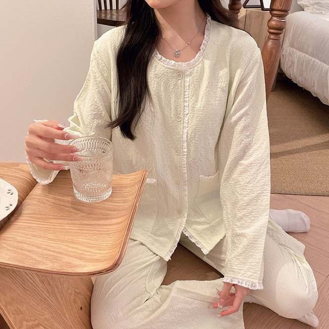 秋季小清新女士睡衣花边圆领开衫长袖长裤云朵棉带胸垫甜美家居服