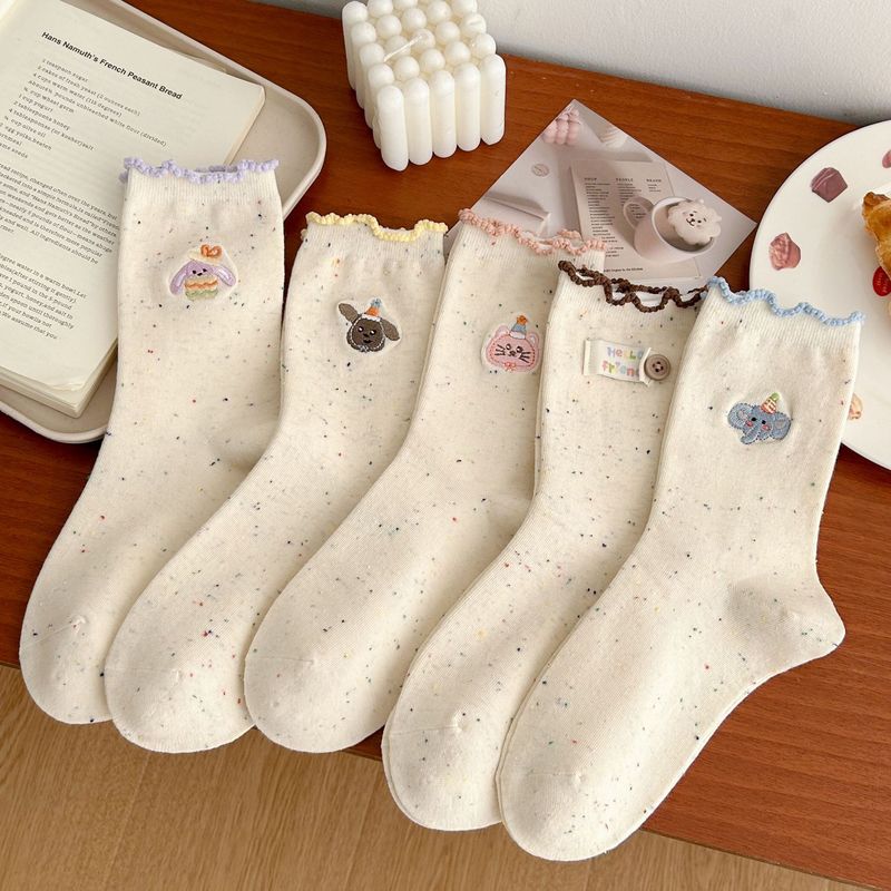 Ruffled Edge Socks for Women, Mid-Calf Socks with Cartoon Animal Embroidery, Autumn and Winter Yarn Pure Cotton Socks with Fabric Label for Women