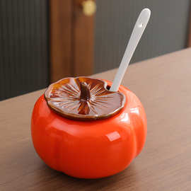 柿柿如意陶瓷耐高温调味罐厨房创意调料罐盐罐调料辣椒油罐带勺子