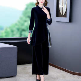 品质保证气质中年女金丝绒秋冬新款中国风刺绣中长款上衣两件套装