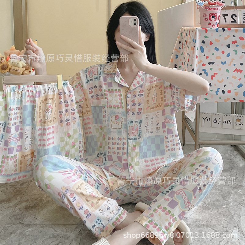 Pequeño pijama de corazón de melocotón para mujeres tres piezas de verano nubes de algodón se puede usar pantalones de manga corta para estudiantes de dibujos animados ropa para el hogar