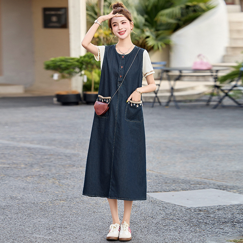 レトロファッションデニムベストドレス女性のための 2025 夏の新しいルーズフィット痩身ミッドレングスノースリーブドレス|undefined