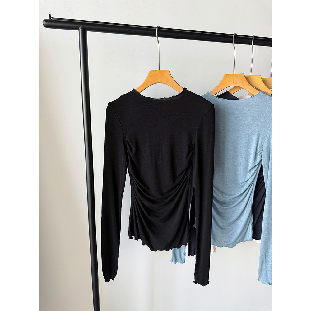 【王琪芝】内搭修身褶皱拼接荷叶边t恤女春夏薄款长袖打底衫WQ229