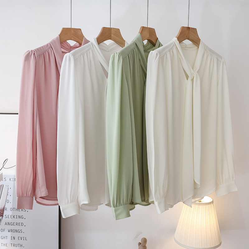 Basic Simple Not Wrinkle High-grade Dagging Bow Ribbon Top Women's 2025 Spring New Arrival Workplace Elegant Shirt
