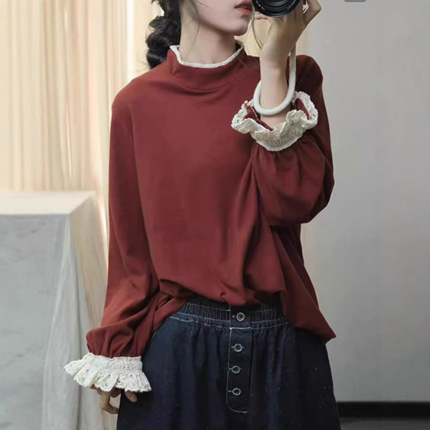 蕾丝花边打底衫 2025冬季新款 森系小清新宽松休闲立领T恤女25198