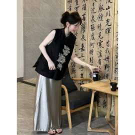 收腰半身裙套装盘扣马甲新中式国风重工女钉珠宽松无袖上衣女减龄