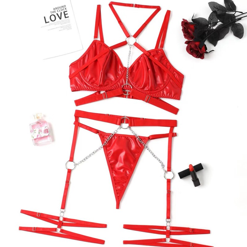 2025 European and American New Style Soft Leather Chain Halter Sexy Lingerie Three-Piece Set Fashionable Night Lace Seductive Temptation