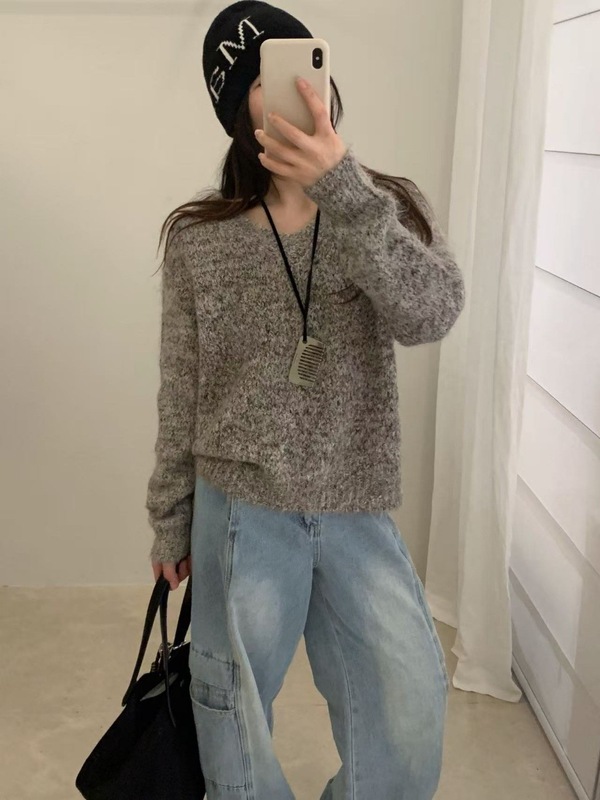 韩系复古V领软糯毛衣女秋冬季新款休闲时尚羊毛混纺气质百搭上衣|undefined