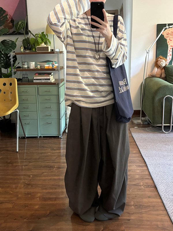 撞色圆领条纹长袖T恤女2025新款韩版宽松慵懒风秋季穿搭薄款上衣|undefined