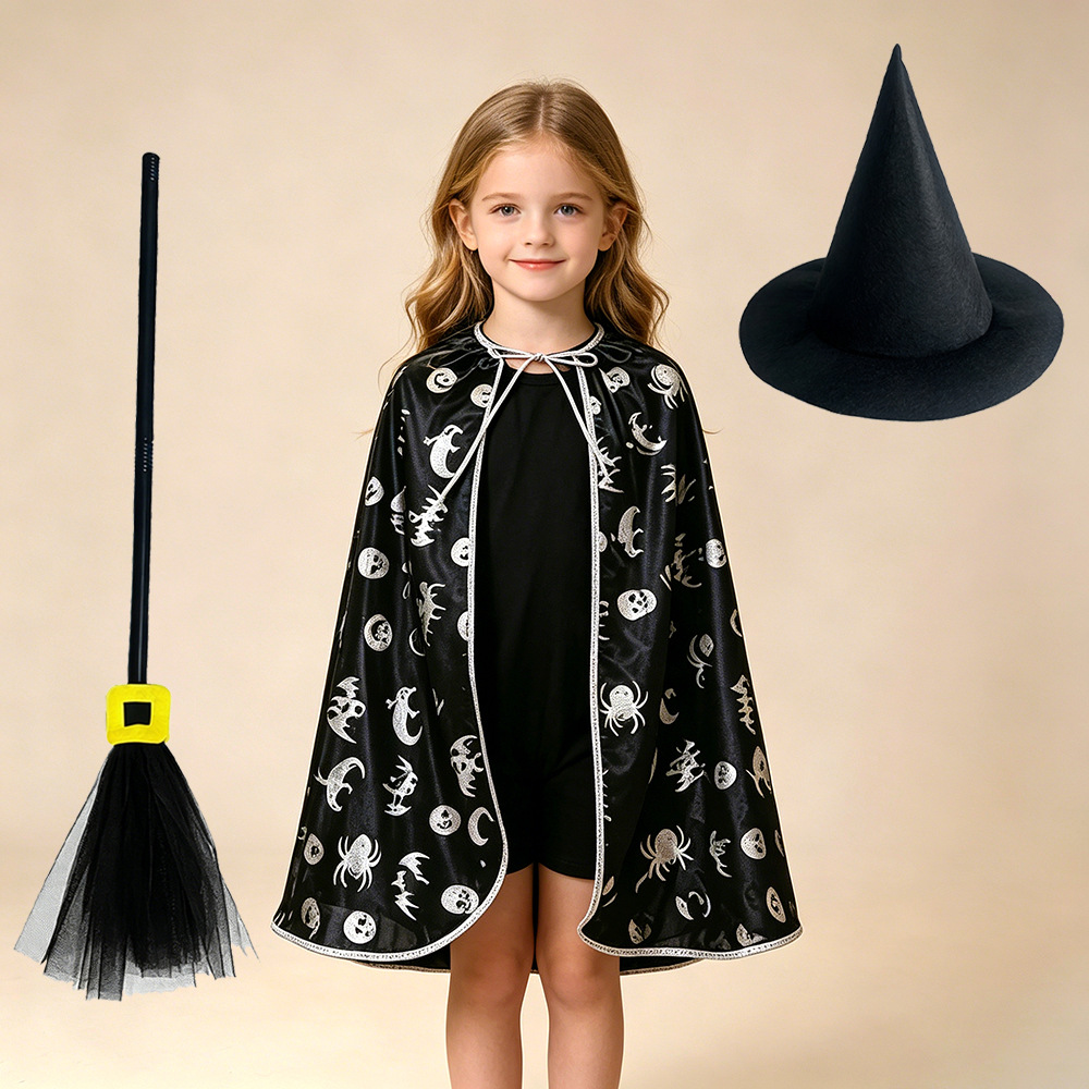 CA264007+round rim black witch hat+black gauze square button broom