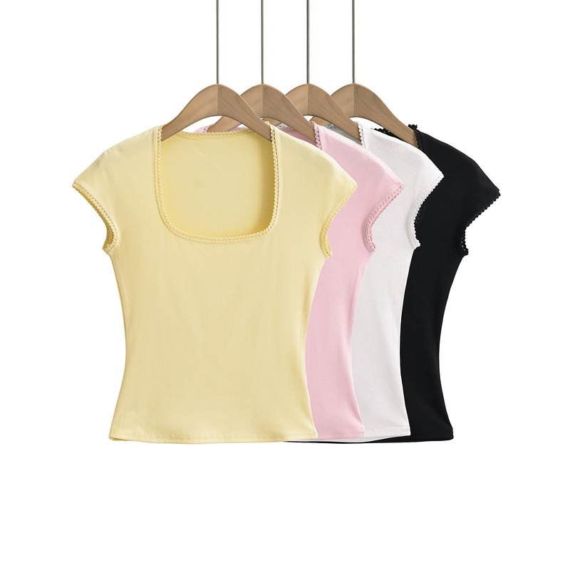 24 Summer New Female American Style Hot Girl Girl Sweet Hot Style Candy Color Small Lace Sexy U Collar Short Sleeve T-Shirt 24 Summer New Female American Style Hot Girl Girl Sweet Hot Style Candy Color Small Lace Sexy U Collar Short Sleeve T-Shirt