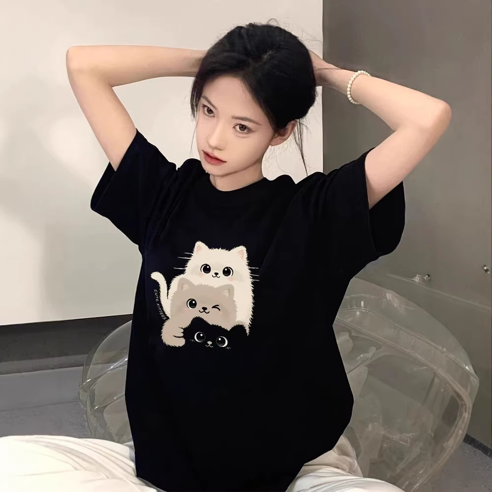 Pure Cotton Black Short-Sleeved Women's T-Shirt, New Summer Style, Unique Design, Niche Top, Large Size, Loose Fit, Slimming T-Shirt