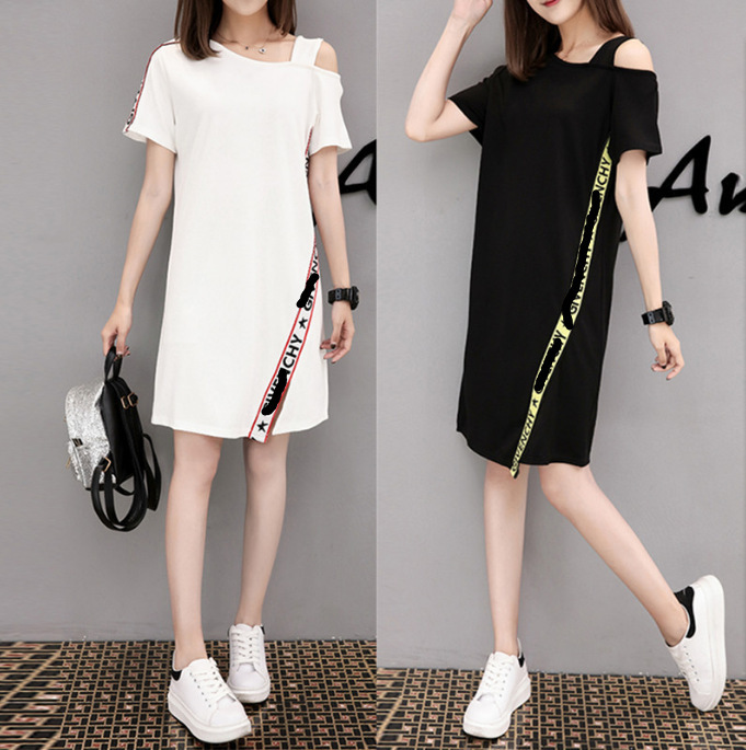 2024 New Summer Korean Style Professional Versatile Off-Shoulder Dress Loose Mid-Length Irregular Short-Sleeved Skirt