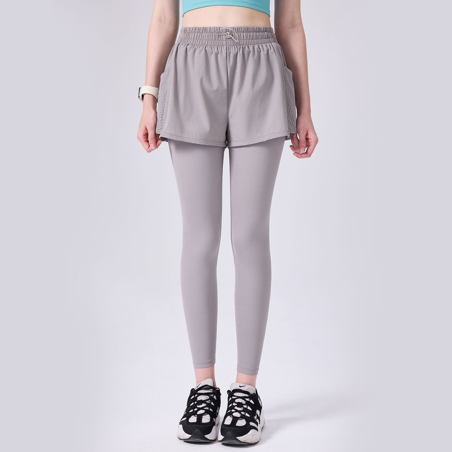 Falso de dos piezas de una pieza de cuerda de extracción de pantalones anti-straying bolsillo deportivo de fitness para correr pantalones transpirables para mujeres