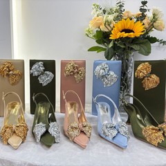 2025新款优雅高贵丝绒高跟鞋金属蝴蝶结手拿精致晚宴包晚会婚宴用