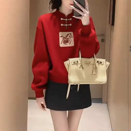 新中式国风盘扣白马红色针织毛衣女款立领新款冬季本命年马年衣服