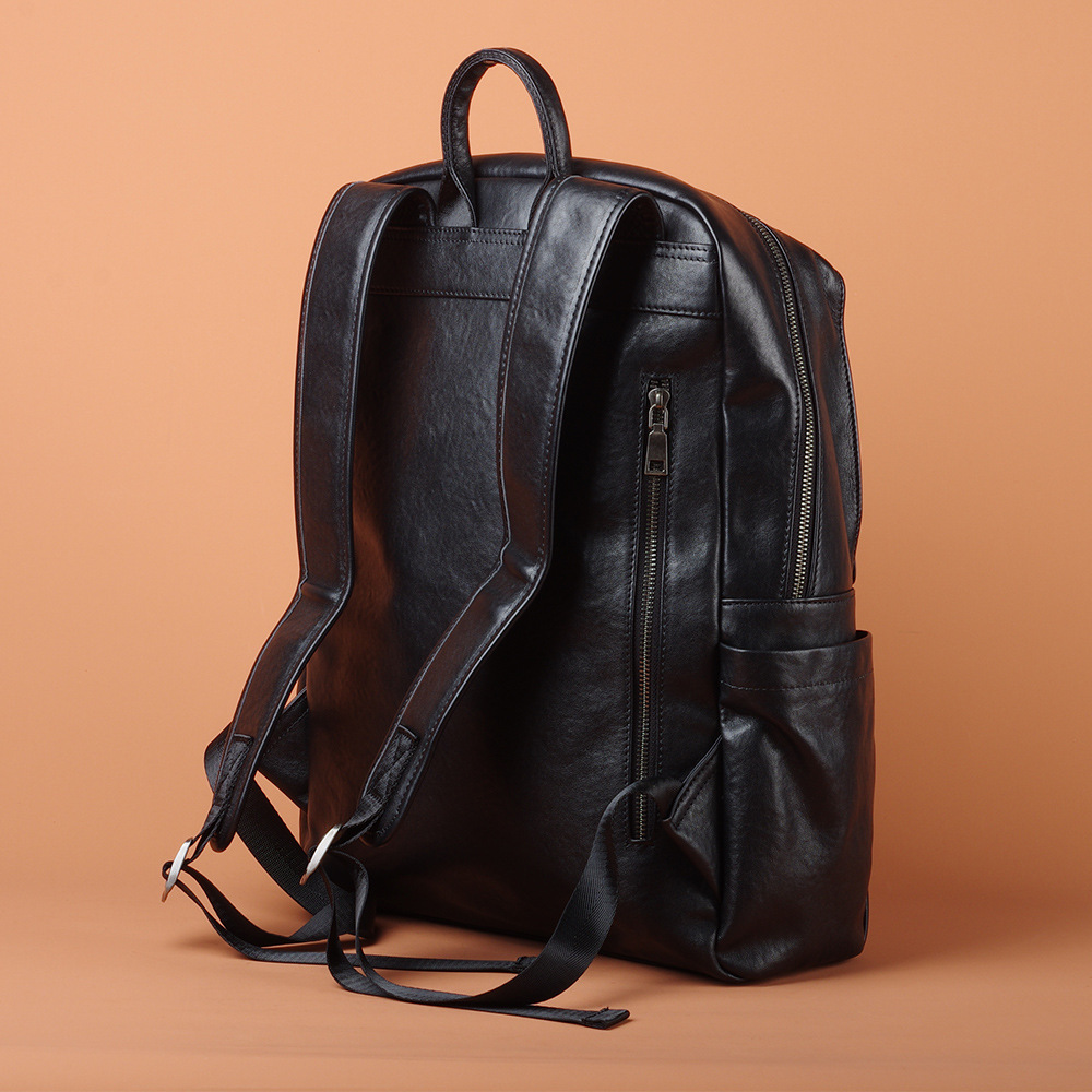 New Top Grain Cowhide Leather Backpack Laptop Bag Business Commuter Black Unisex Travel Backpack - Thumbnail 3