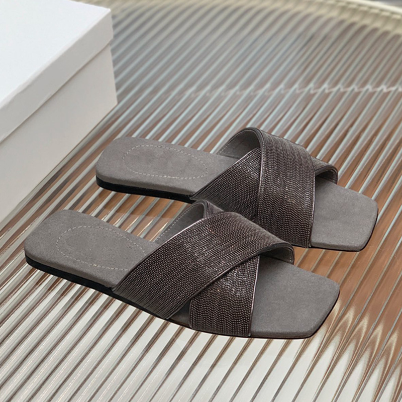 Bc Slippers Genuine Leather Cross-Strap Metal Bead Chain Square Toe Open-Toe Flat Sandals Breathable and Comfortable